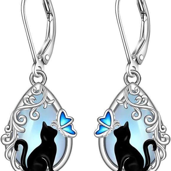 Sterling Silver Moonstone Black Cat Drop Earrings for Women Halloween Gift